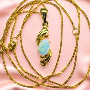 18K Yellow Gold -Natural Australian Opal Necklace -17"- White Boulder Opal -1.5g